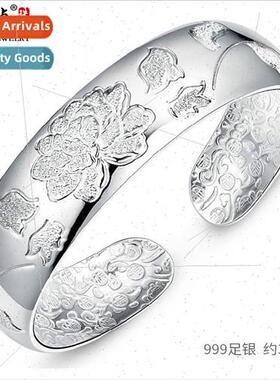 999 silver bracelet female peony flower wide openings适用mom