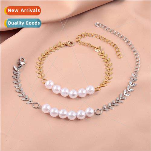 Europe new fashion niche imation pearl stainless steel leaf