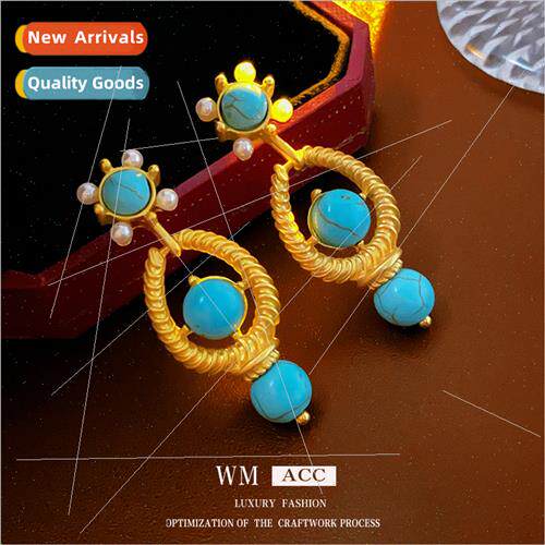Earrings silver needle hollowed out round turquoise pearl ea