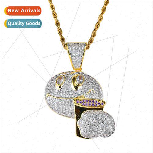 Quirky Emoji Necklace HHolding Coffee Cup Men Pendant wh Zir