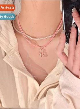 Pink pearl stacking cute bear necklace female niche double l