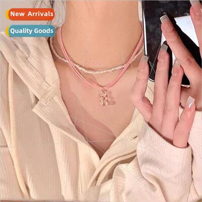 Pink pearl stacking cute bear necklace female niche double l
