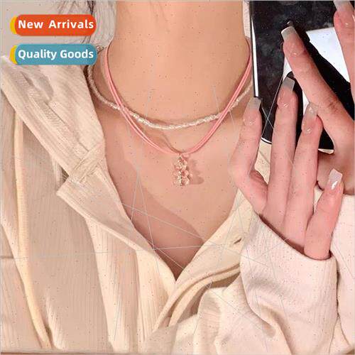 Pink pearl stacking cute bear necklace female niche double l