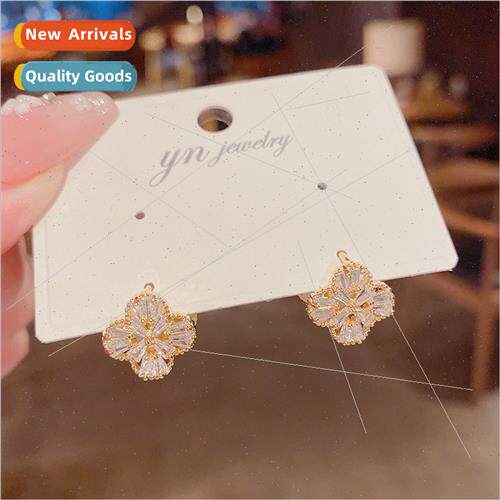 zirconia double-sided black four-leaf flower earrings female