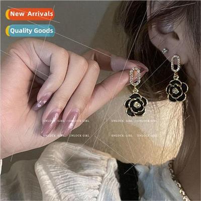 New  Black Camellia Earrings che Vintage French Female