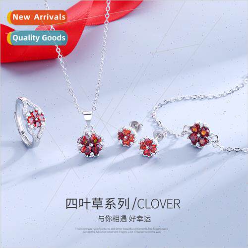 cky Clover Necklace Women Garnet Red Bracelet Earrings Ring