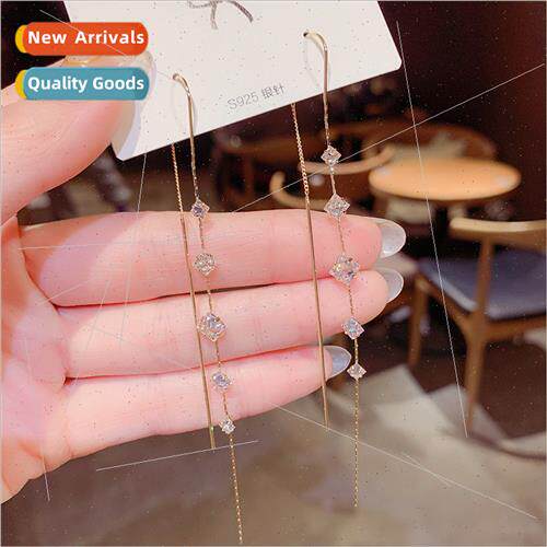 Korea new square zirconia tassel anti-loss ear wire fashion