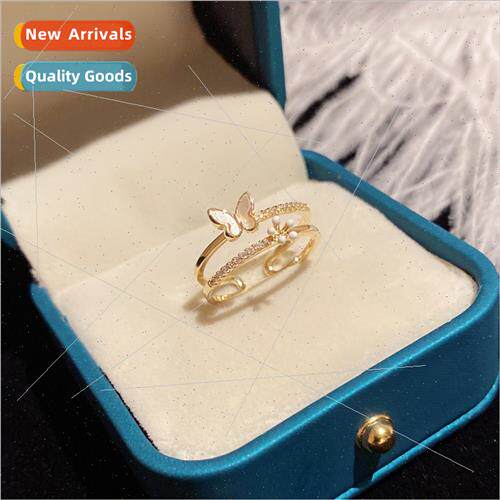 ins double-layered diamond butterfly ring female hundred wh