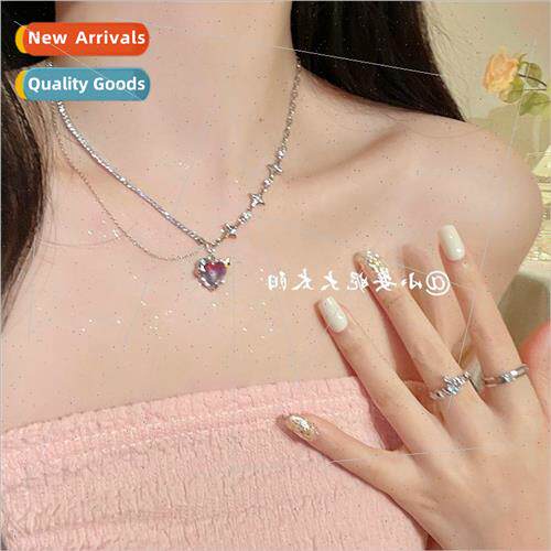 Tanium steel purple heart flash diamond sweet cool necklace