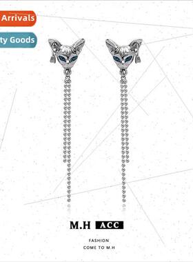 French cat tassel earrings适用women delicate 925 silver pin