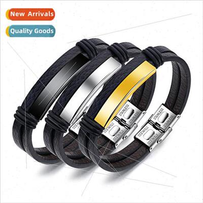 Black Stainless Men Leather Bracelet Double Layer Student HJ
