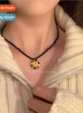 Colorful beaded sunflower necklace female cartoon smiley hun