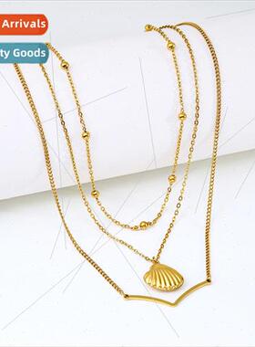 Europe New Ocean Pendant Gold Beads Triple Layer Chain Neckl