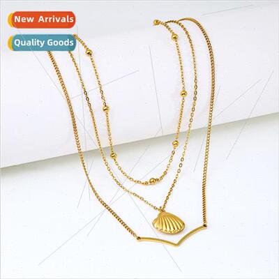 Europe New Ocean Pendant Gold Beads Triple Layer Chain Neckl