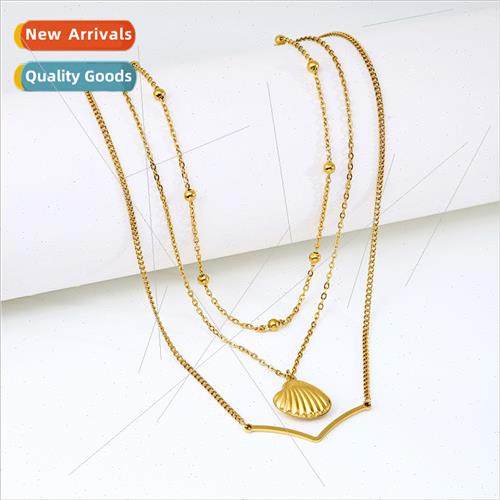 Europe New Ocean Pendant Gold Beads Triple Layer Chain Neckl