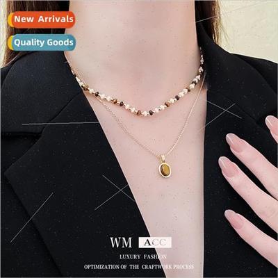 Plating oval tiger eye stone metal necklace wh collarbone ch