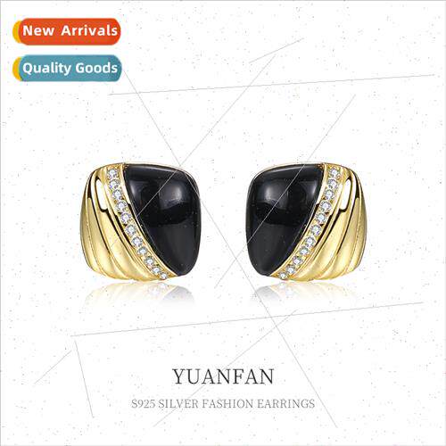 S925 silver black onyx stud earrings niche female Europe zir
