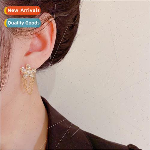 Pearl zirconia flower chain tassel earrings Korea fashion ea