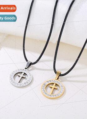 Round wh diamonds stainless steel cross pendant necklace men