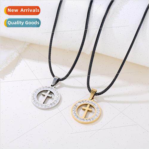 Round wh diamonds stainless steel cross pendant necklace men