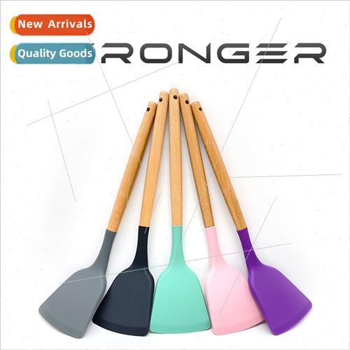 Home cooking thick silicone spatula beech wood wooden handle