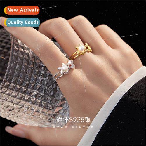 S925 lver mple Faux Pearl Flower Double Layers Ring Female O