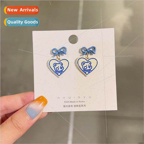 S925 silver needle blue bear cute bow earrings Korea girls l