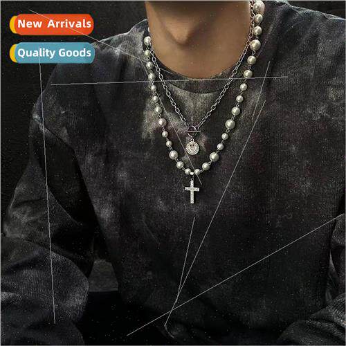 Hip hop wh diamond cross pearl necklace men women tide punk