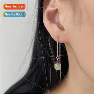 Garnet red ear wires vintage trans round beads jade tassel e