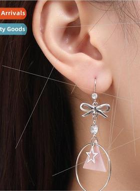 Bowknot dangling circle pentagram star silver earrings niche