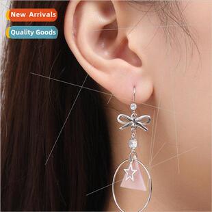 Bowknot dangling circle pentagram star silver earrings niche