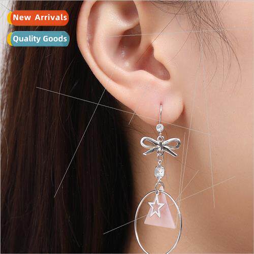 Bowknot dangling circle pentagram star silver earrings niche