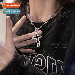 Vintage tinfoil cross pendant necklace female ins hip-hop sw