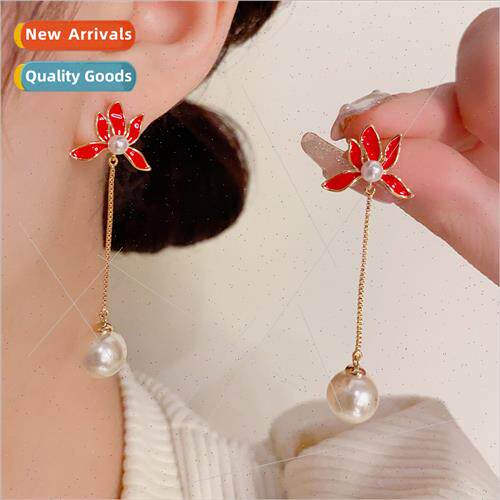 Vintage Elegant Fashion Red Oil Drop Lotus Pearl Tassel Earr