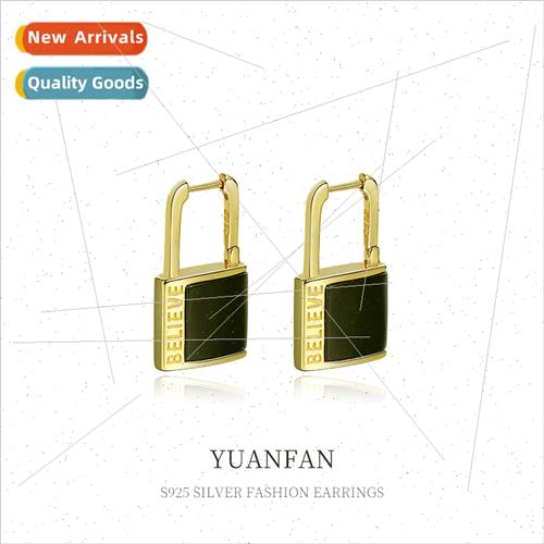 925 silver black onyx monogram lock earrings适用women europe