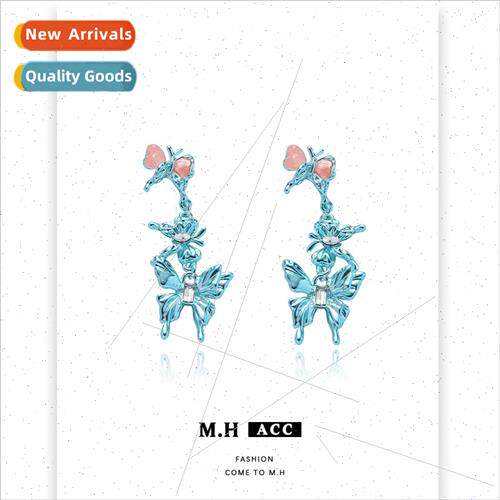 Pink love butterfly asymmetric earrings female tide cool ear
