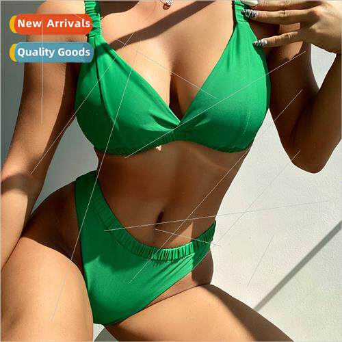 2022Europe Sexy Ruched Swimsu Solid Color Midi Swimsu Bikini