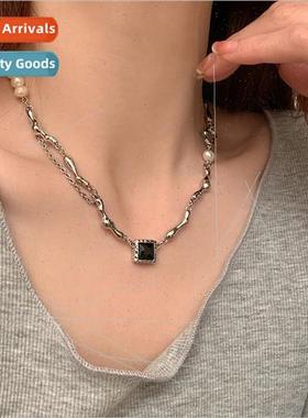 Baroque pearl black zirconia necklace female ins hip-hop col