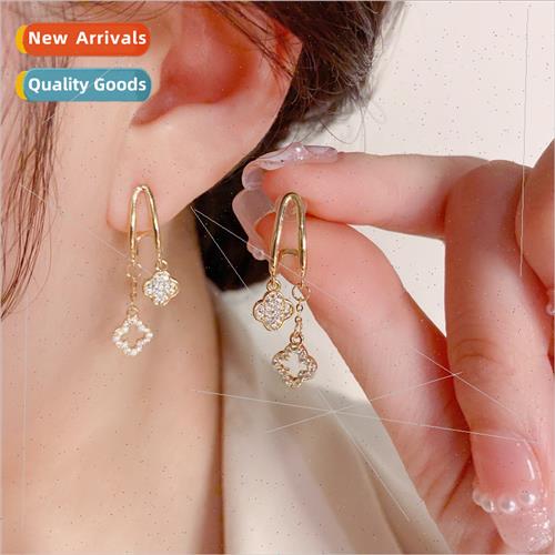 S925 silver pin wh diamond four-leaf clover earrings flower