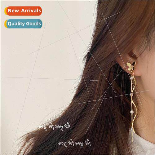 Thin butterfly earrings female long French tassel pearl earr
