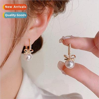 French simple vintage pearl bow earrings female niche fashio