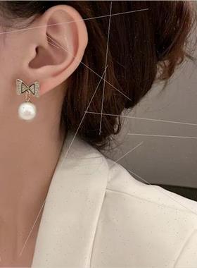 s925 silver needle Korea bow pearl earrings simple lady hund