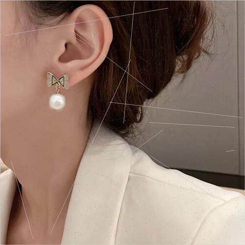 s925 silver needle Korea bow pearl earrings simple lady hund