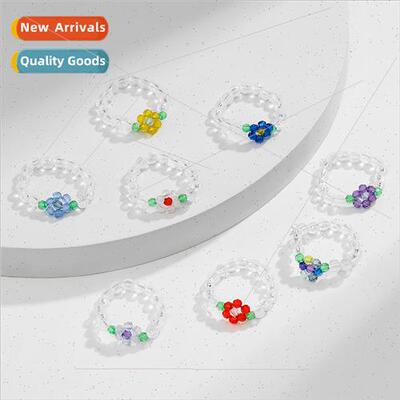 Rice Beads Flower Knitting Ring Korea Student Colorful Beade