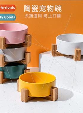 Ceramic cat bowls onepcs wooden frame to protect cervical ve
