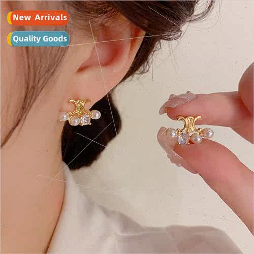 French Arc de Triomphe pearl earrings s925 silver pin niche