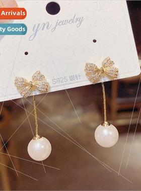 Bow tassel pearl earrings 925 silver pin fashion modify face