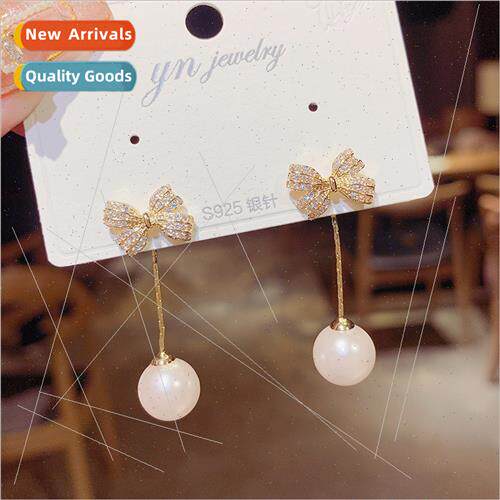 Bow tassel pearl earrings 925 silver pin fashion modify face