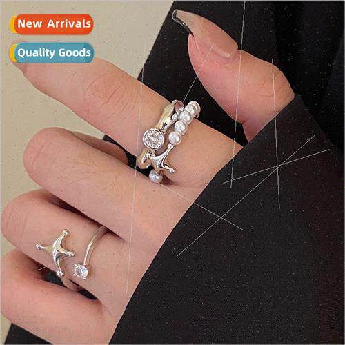 Double Layer Pearl Rhinestone Cross Ins Student Ring Female