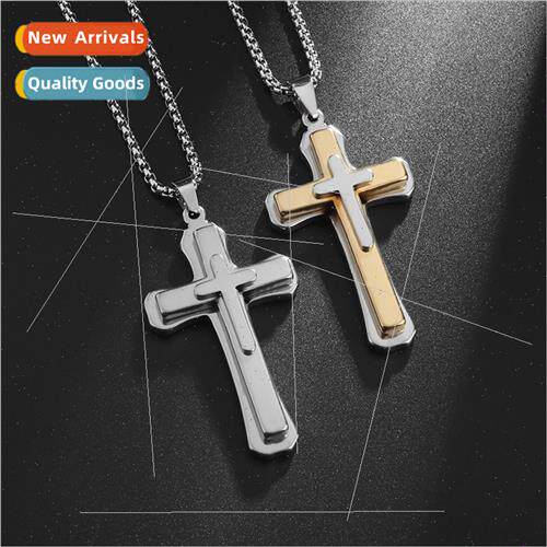 Hip Hop Tanium Steel Men Cross Necklace Pendant Cubic Triple